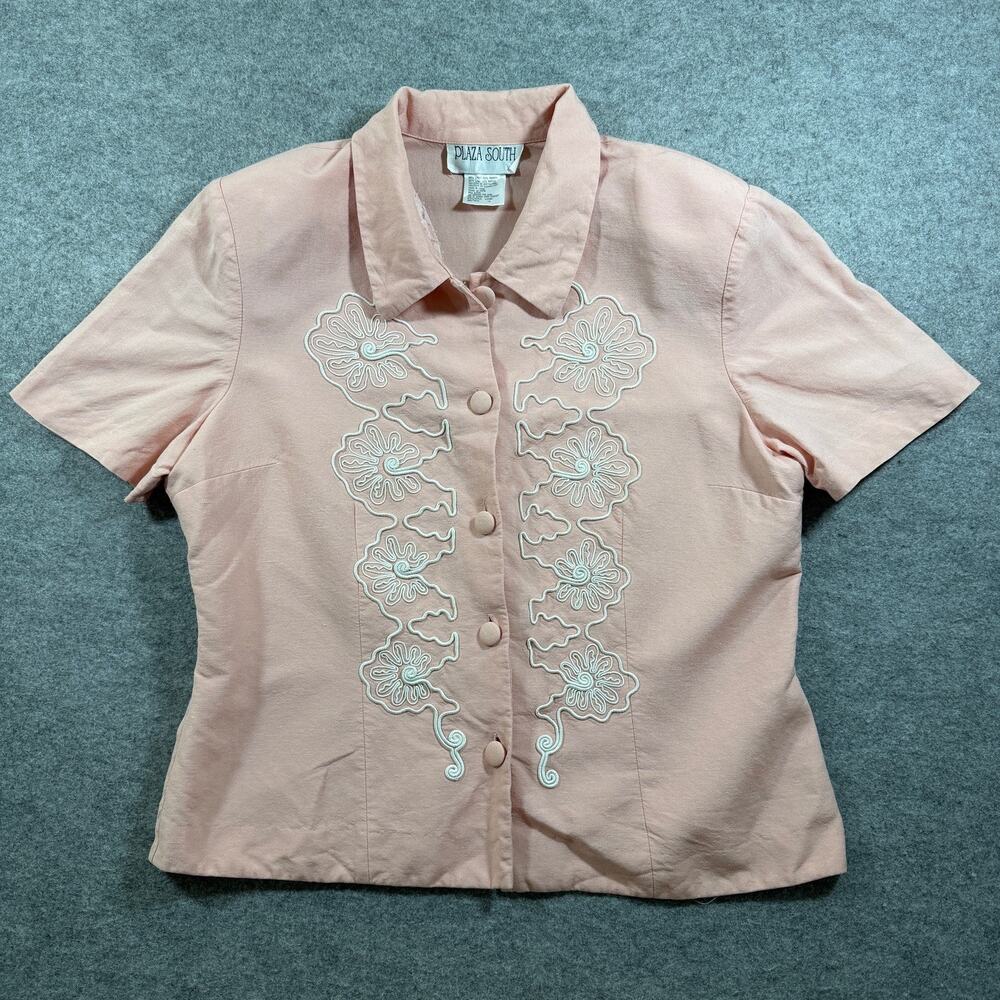 Plaza South Blouse Womens 16 Pink Linen Floral Embroidered Collared Vintage